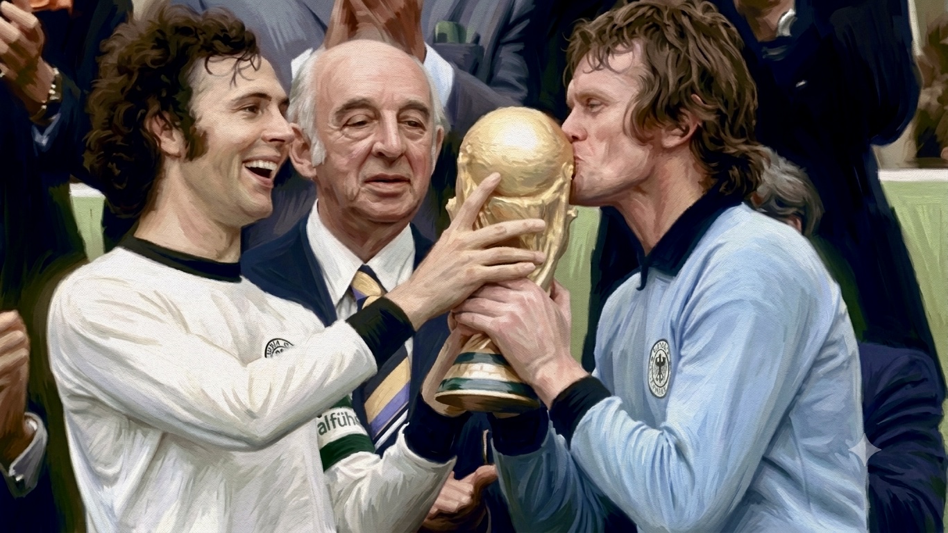 El capitán Beckenbauer y el portero Maier festejando con la copa.