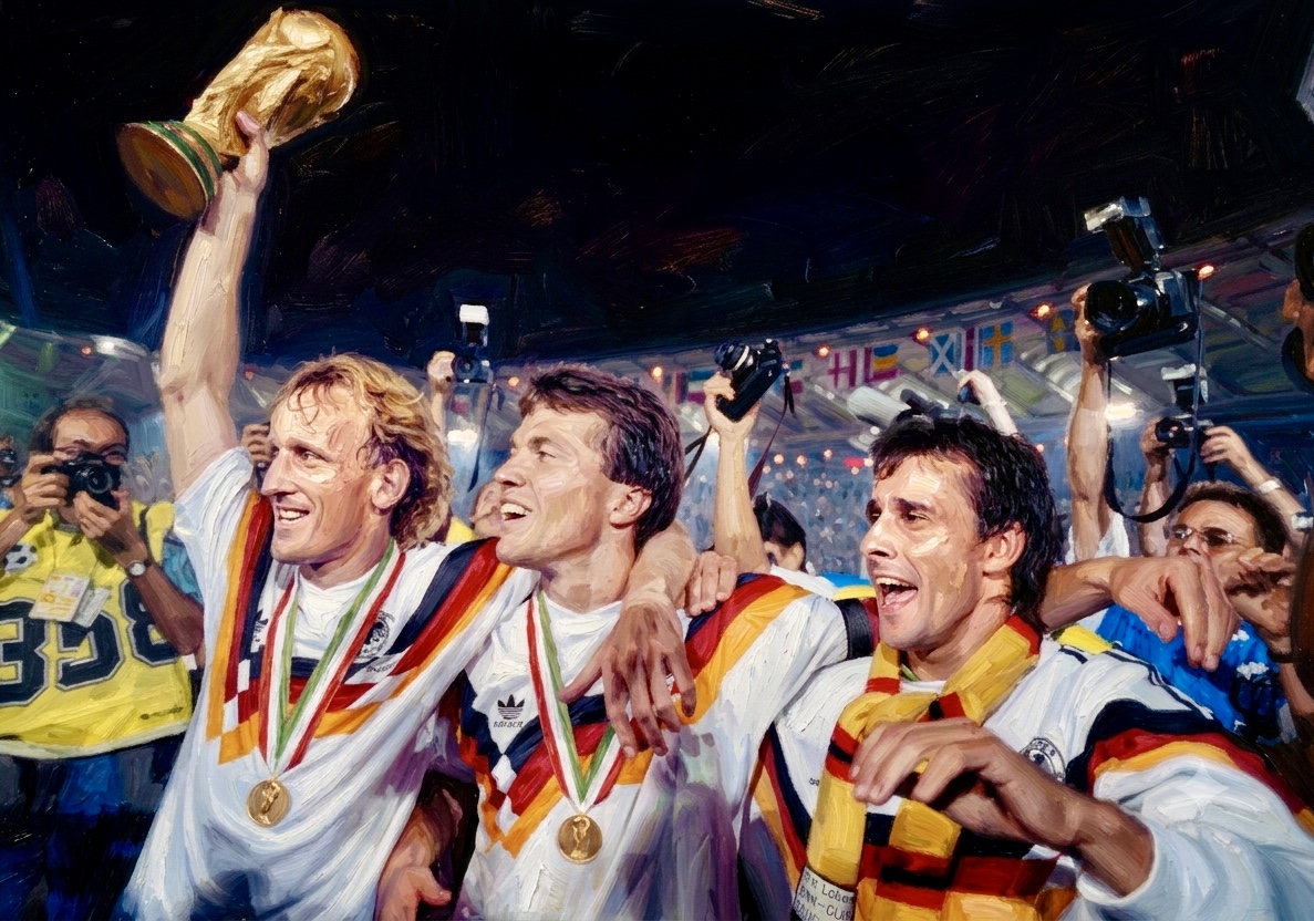 Brehme porta la copa, junto a él Matthaeus y Littbarski, en el festejo.
