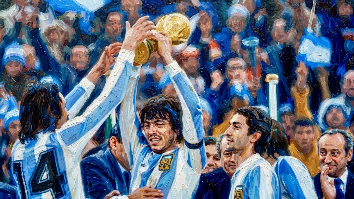 El capitán Passarella levanta la copa, flanqueado por Luque (14) y Ardiles.