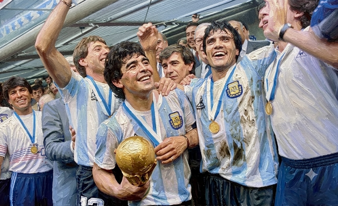Maradona con la copa junto a sus compañeros en el estadio Azteca.