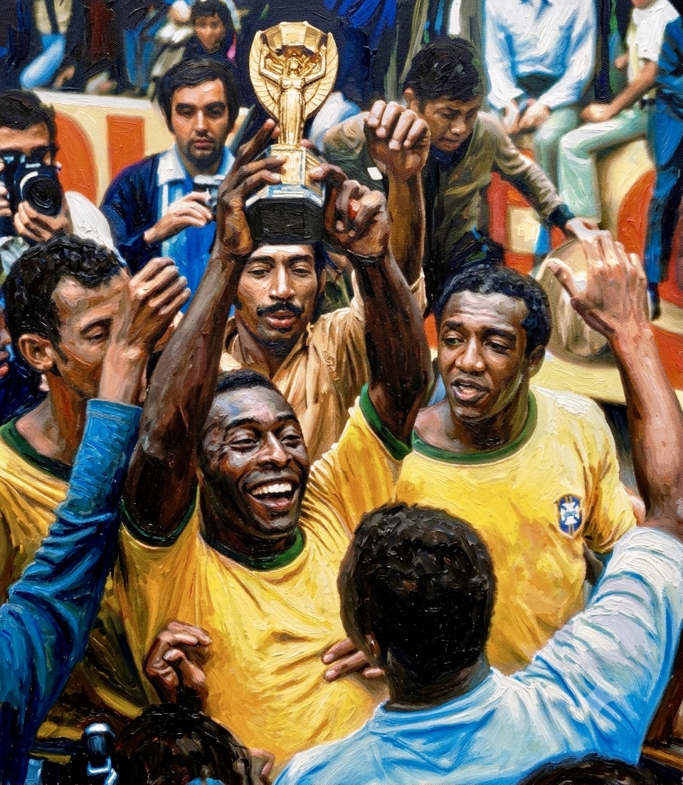 “O Rei” Pelé con el trofeo Jules Rimet, cerca aparecen Carlos Aberto y Paulo César.