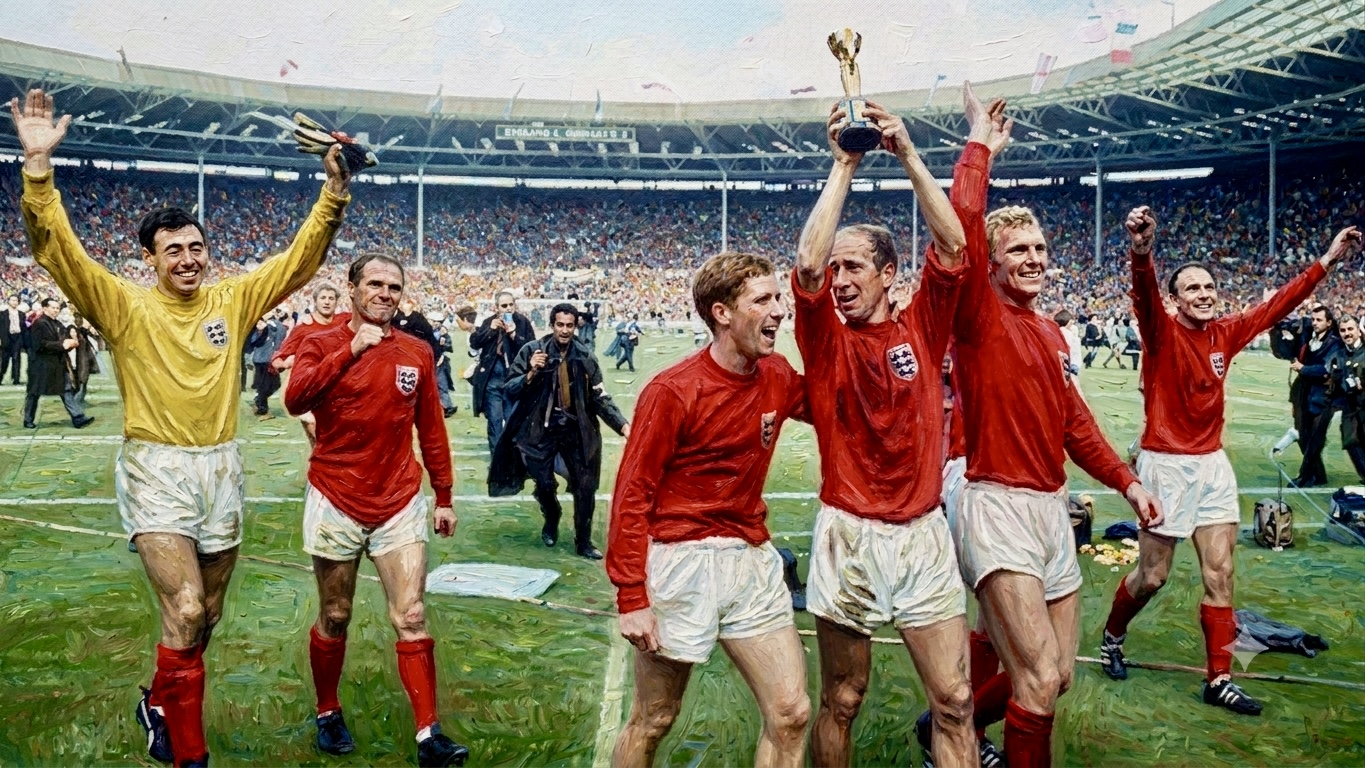 Bobby Charlton lidera la celebración del título llevando la copa.