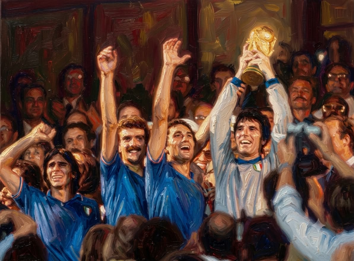 La copa en manos del capitán Zoff, cerca de él Gentile, Bergomi y Conti.
